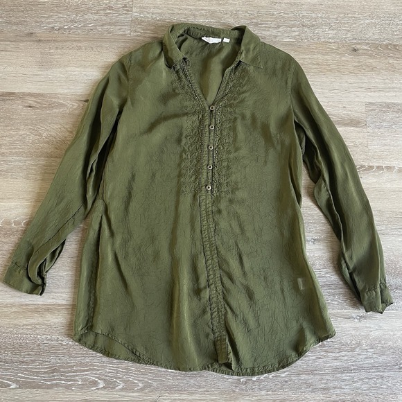J. Jill Tops - J. Jill‎ Uncommon Threads Sheer Embroidered Tunic XS Fern Green Blouse Buttons